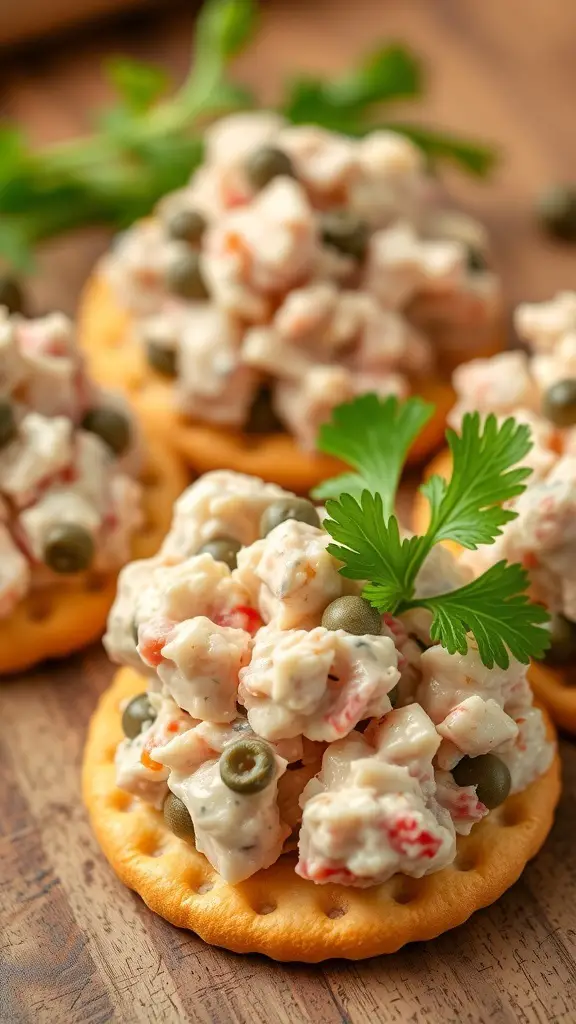 Tuna salad on Ritz crackers topped with capers and cilantro