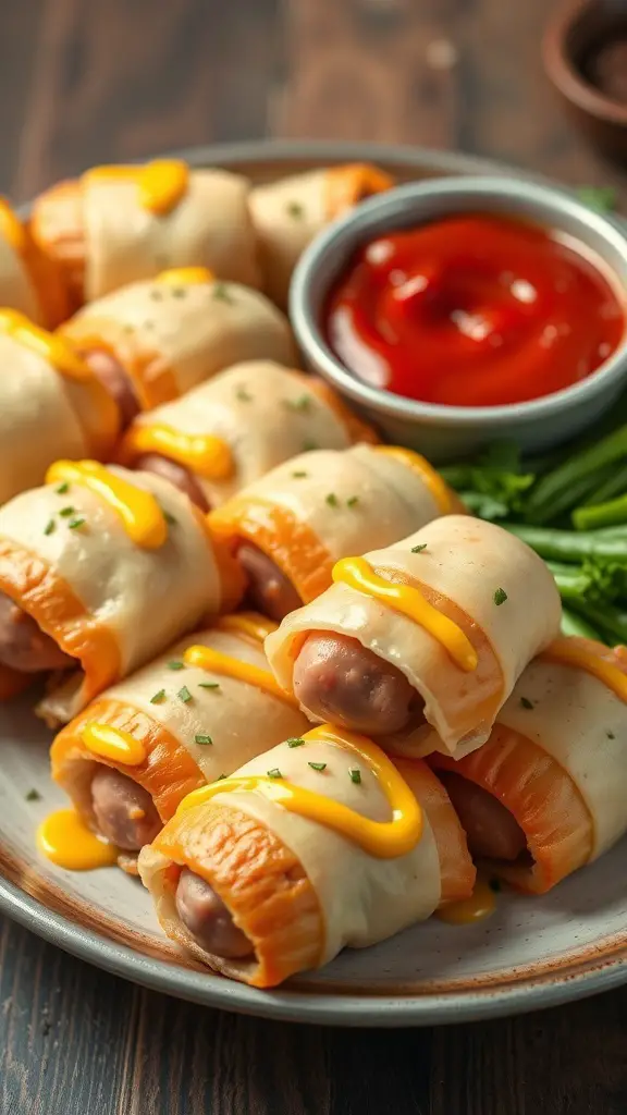A plate of pigs in a blanket with ketchup and mustard