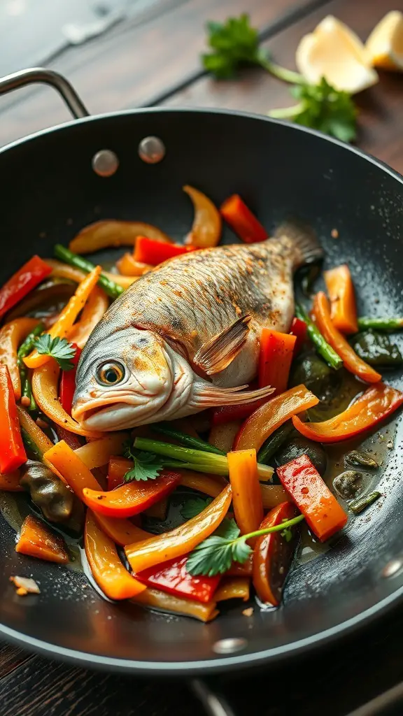 A pan with fish and colorful vegetables stir-fried together.