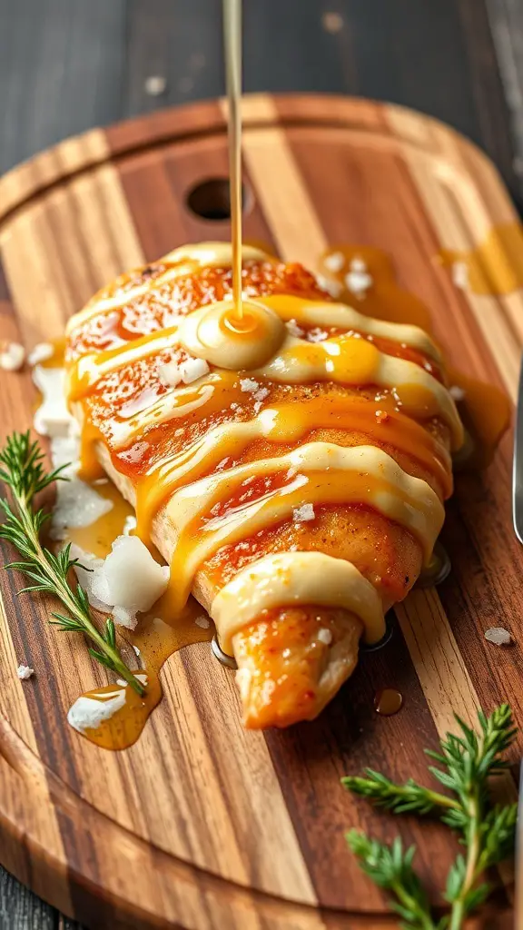 Honey mustard glazed chicken breast on a wooden cutting board with sauce drizzled on top.