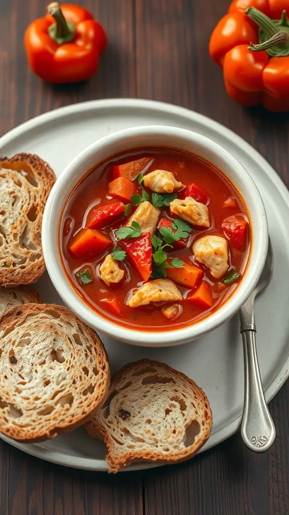 A bowl of roasted red pepper and chicken soup with slices of bread on the side, garnished with fresh herbs.