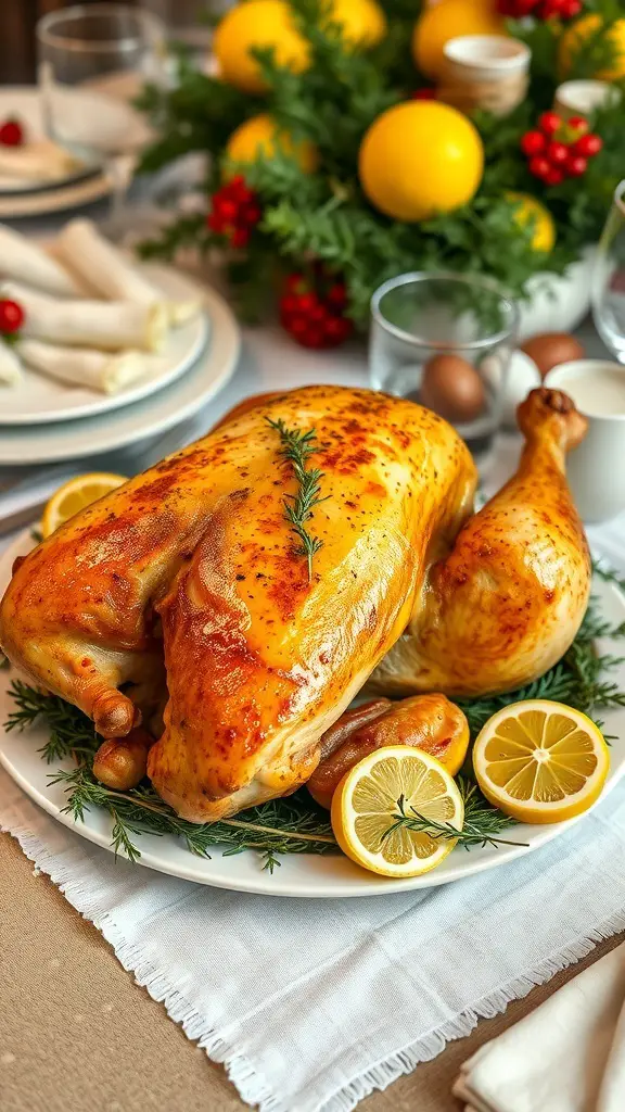 A beautifully roasted lemon thyme turkey garnished with lemon slices and herbs.