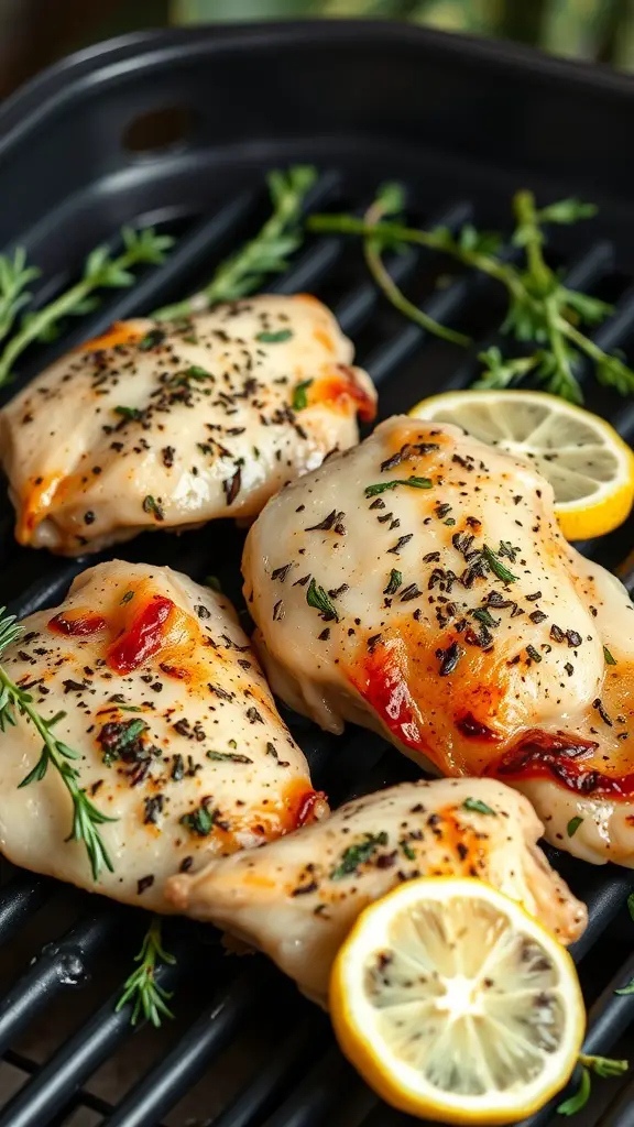 Grilled lemon rosemary chicken thighs with fresh herbs and lemon slices