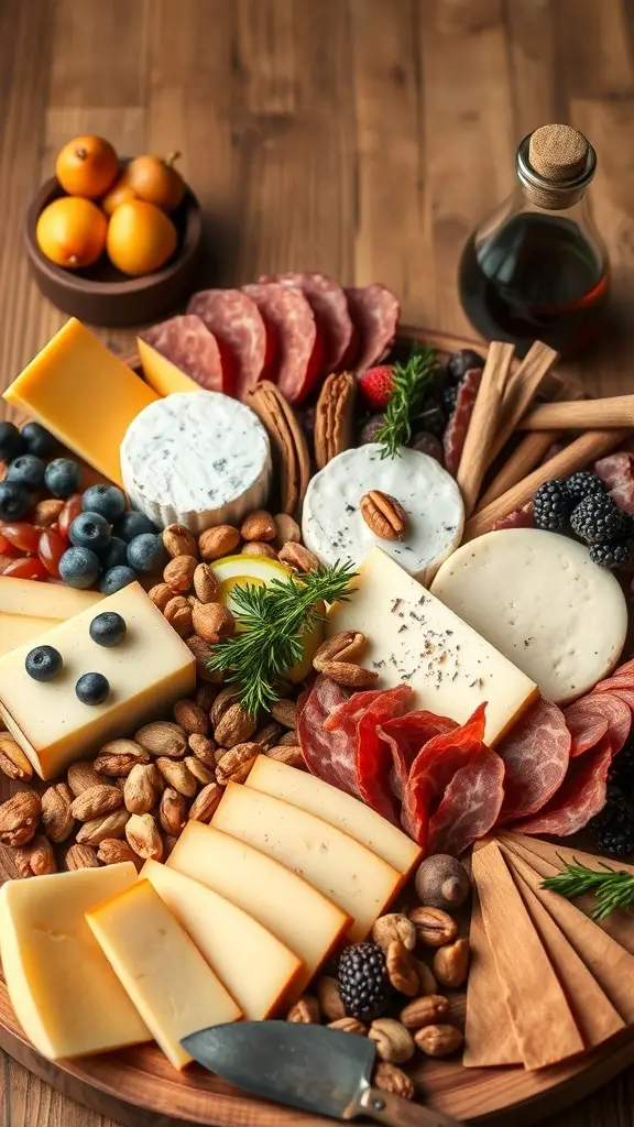 A beautifully arranged cheese and charcuterie board featuring various cheeses, meats, nuts, and fruits.