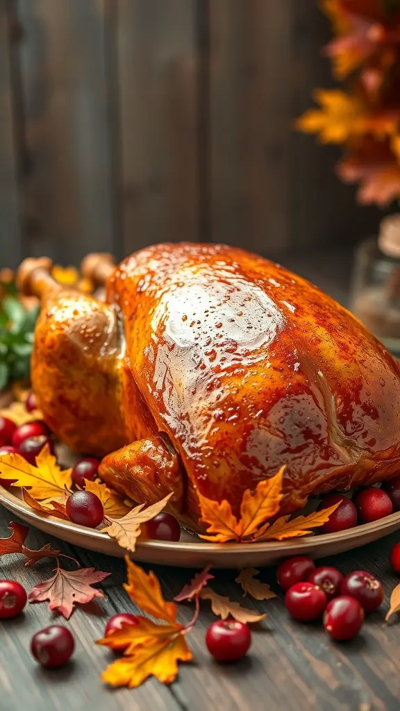 Maple-glazed roasted turkey surrounded by cranberries and autumn leaves
