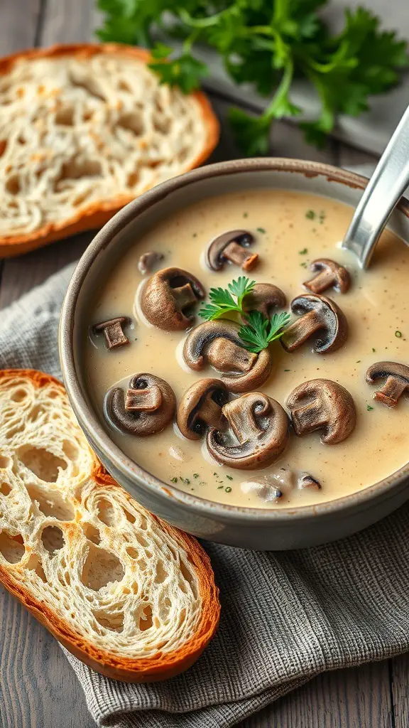 A bowl of creamy turkey and mushroom soup with mushrooms and parsley, alongside a slice of bread.
