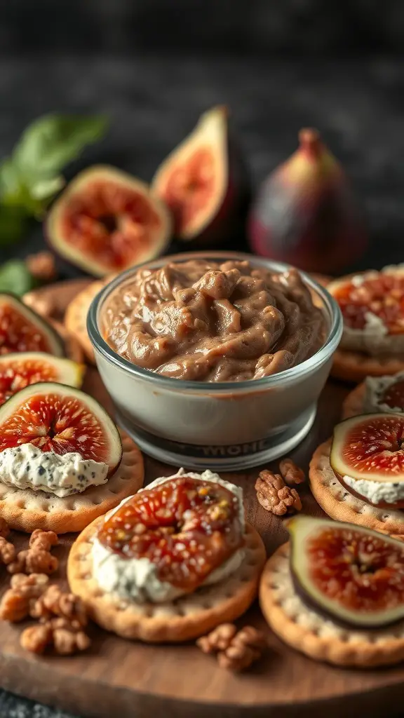 Crackers topped with blue cheese and figs, with a bowl of fig spread in the center.