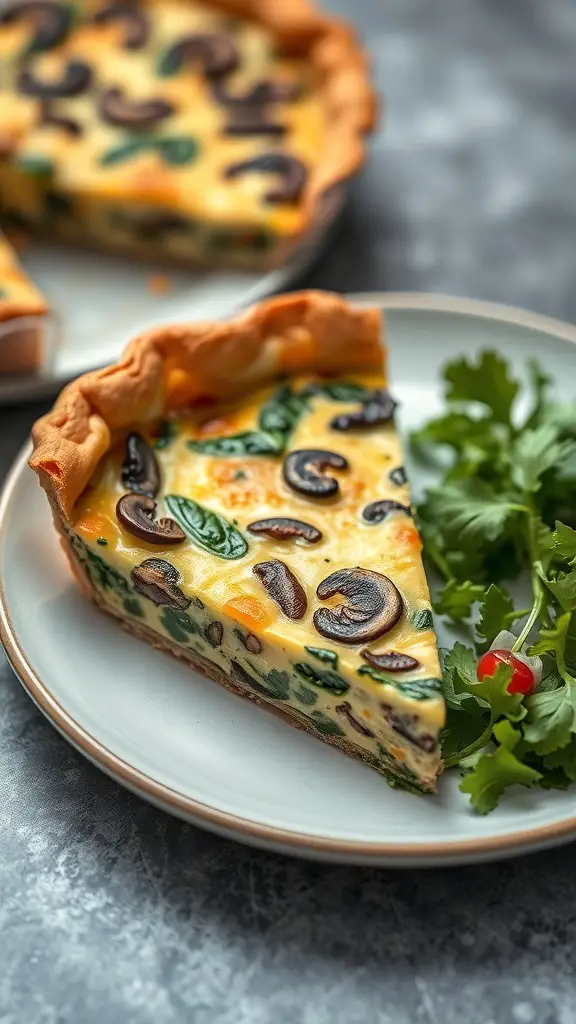 A slice of mushroom and spinach quiche on a plate with a side of fresh herbs.