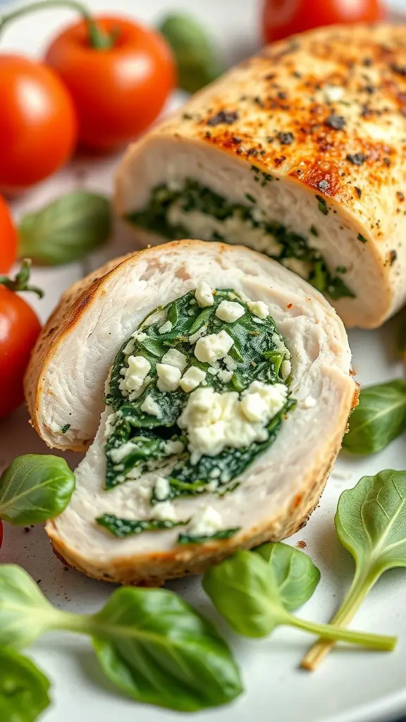 Stuffed chicken breast with spinach and feta, sliced to show the filling, surrounded by cherry tomatoes and basil leaves.