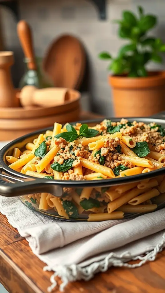 A delicious pasta bake with ground turkey and spinach, topped with cheese, served in a baking dish.