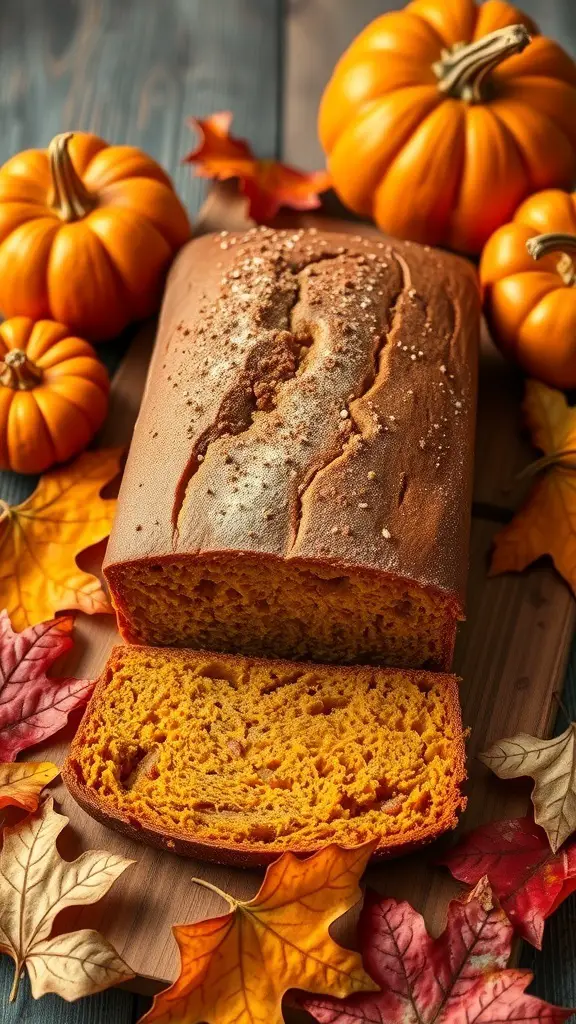 A loaf of pumpkin spice bread surrounded by pumpkins and autumn leaves.