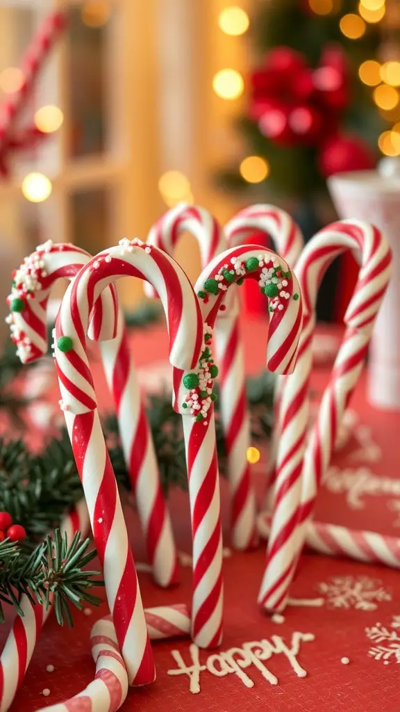 A festive display of candy canes decorated with chocolate and sprinkles, perfect for Christmas.