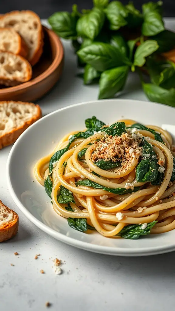 A plate of spinach and ricotta fettuccine garnished with breadcrumbs, alongside slices of bread and fresh basil.