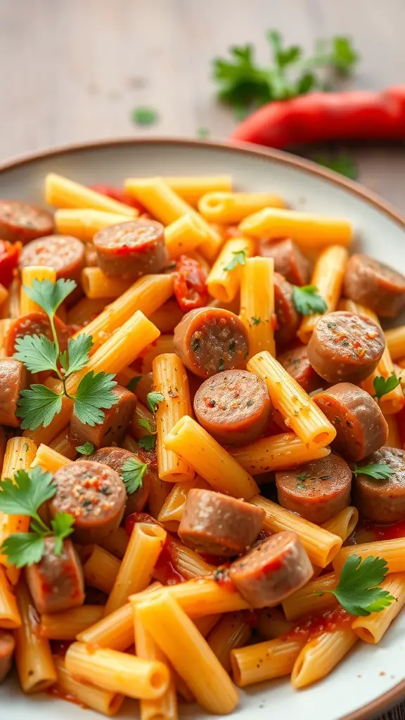 A plate of spicy Italian sausage rigatoni with herbs and tomato sauce
