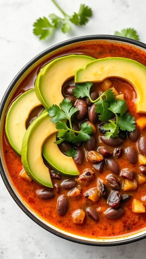 A bowl of spicy black bean soup topped with avocado slices and cilantro.