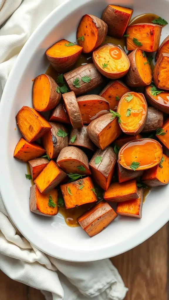 Maple roasted sweet potatoes in a white serving dish