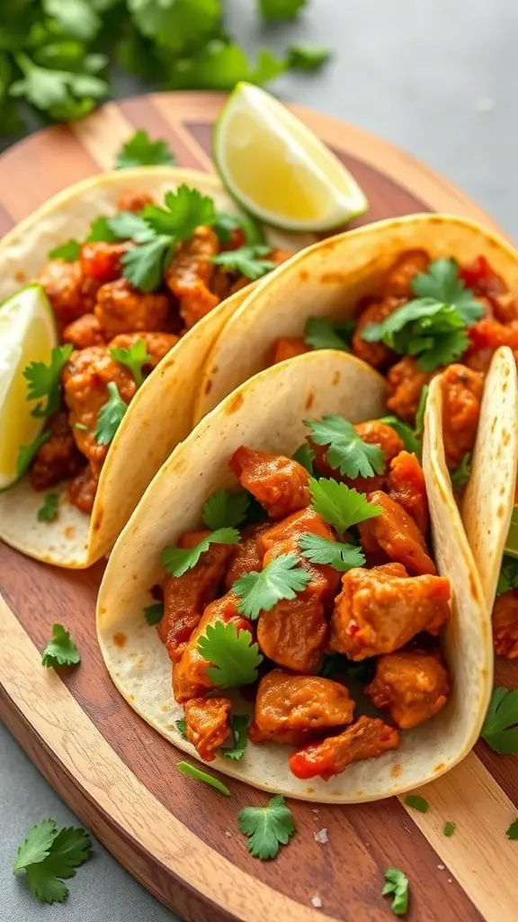 Three spicy chipotle chicken tacos on a wooden platter with lime wedges and cilantro