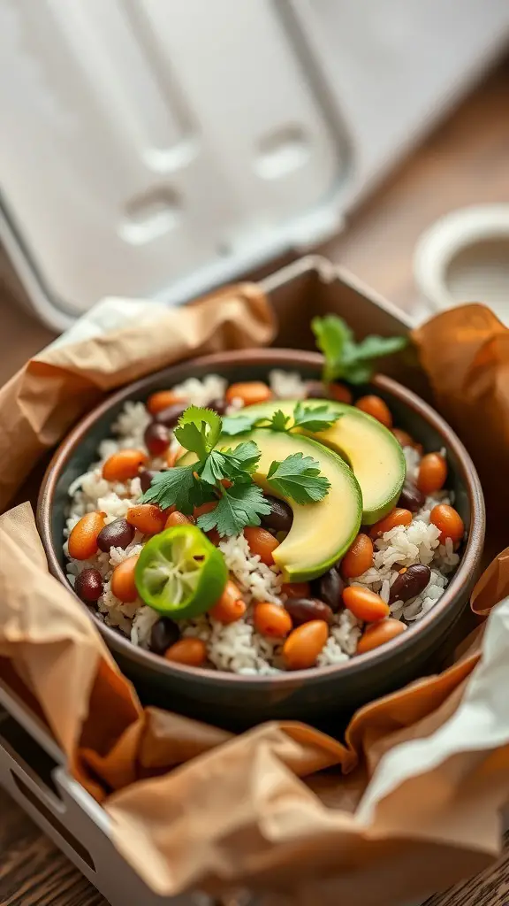 A rice and bean bowl with avocado slices and cilantro in a takeout container.