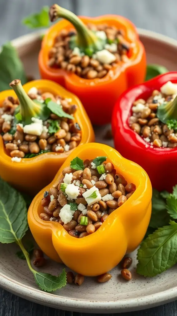 Colorful stuffed peppers filled with lentils and spinach on a plate
