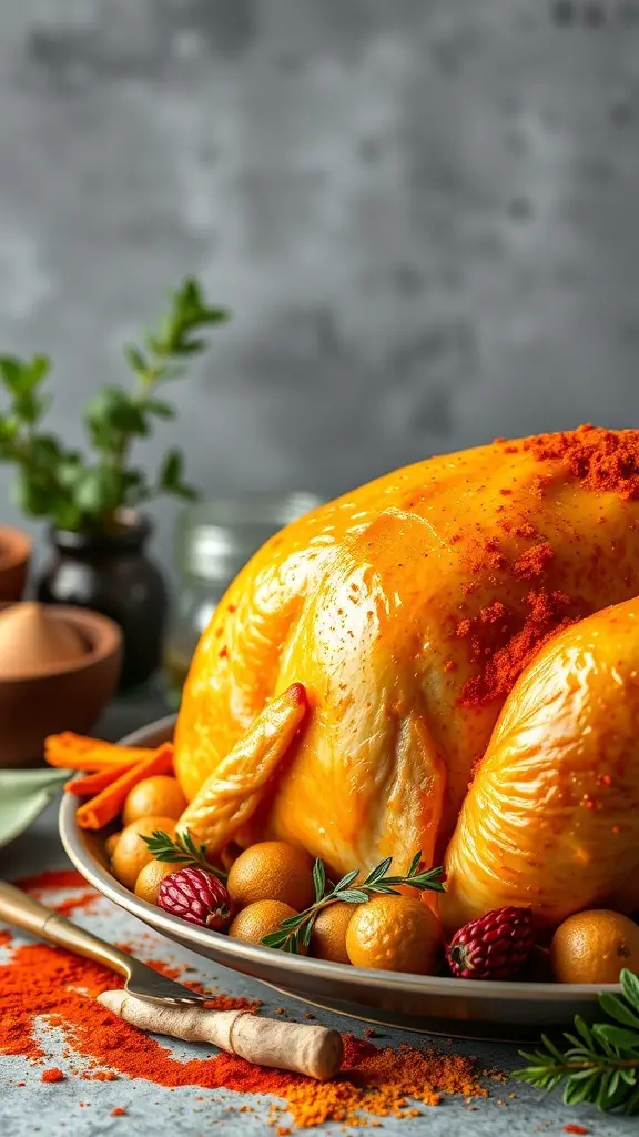 A whole turkey spiced with turmeric and ginger, garnished with herbs and seasonal fruits.