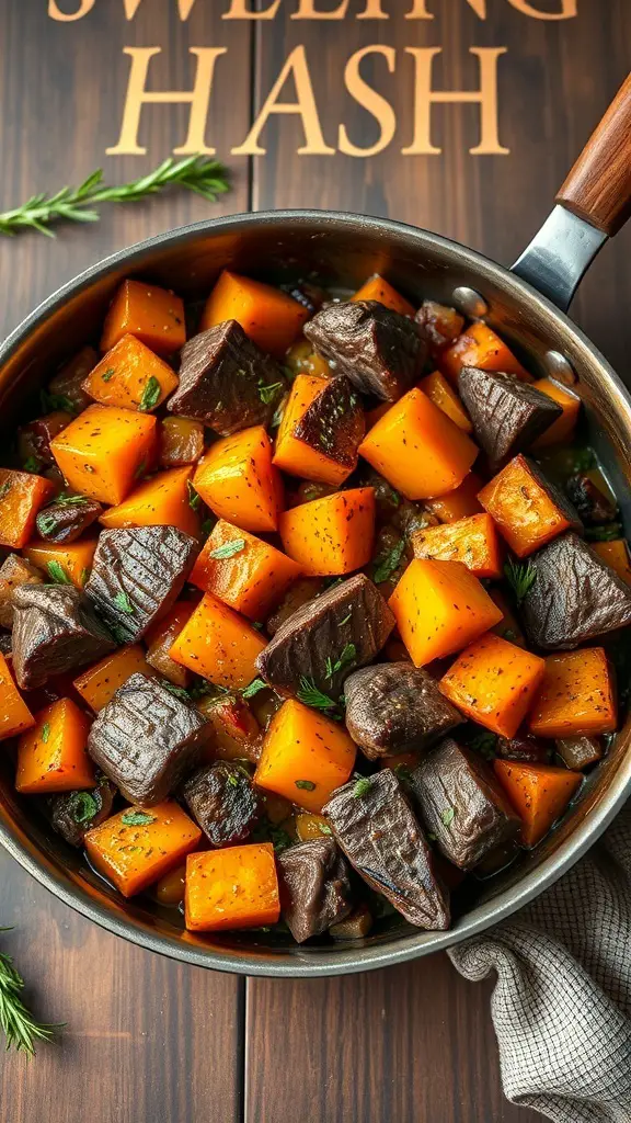 A skillet filled with venison steak and sweet potato hash, showcasing chunks of meat and orange sweet potatoes.
