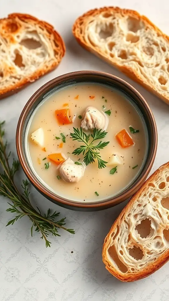 A bowl of creamy garlic chicken soup with chunks of chicken and vegetables, surrounded by slices of bread.