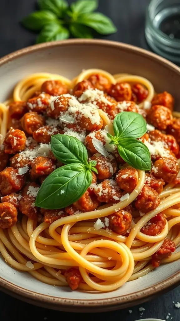 Bowl of fettuccine noodles topped with Bolognese sauce and fresh basil
