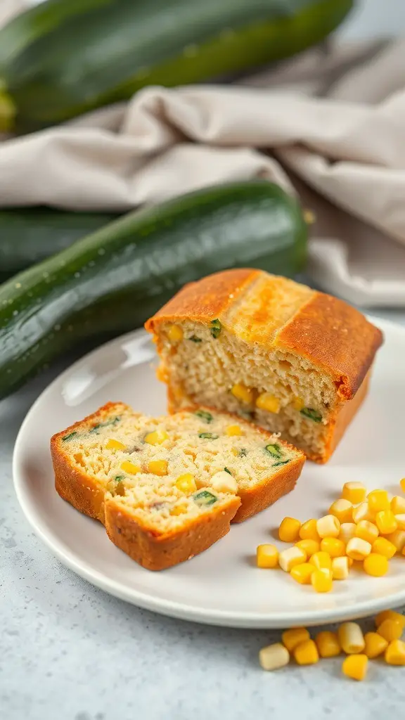 A slice of zucchini and corn bread on a plate, surrounded by fresh zucchinis and corn kernels.