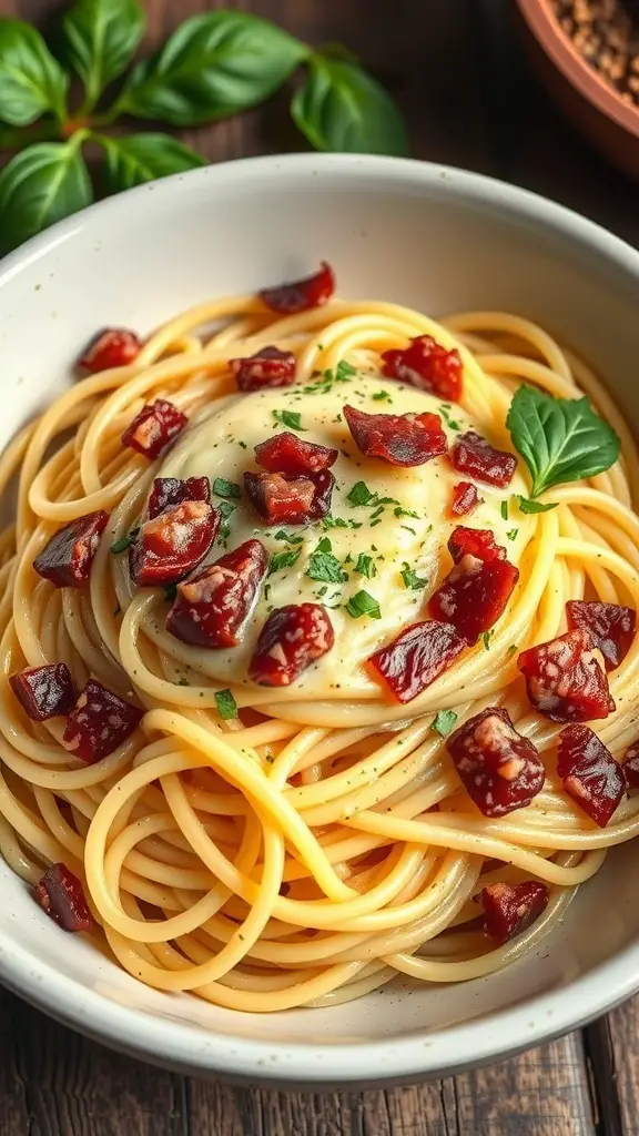 A bowl of spaghetti carbonara topped with crispy pancetta and garnished with parsley.