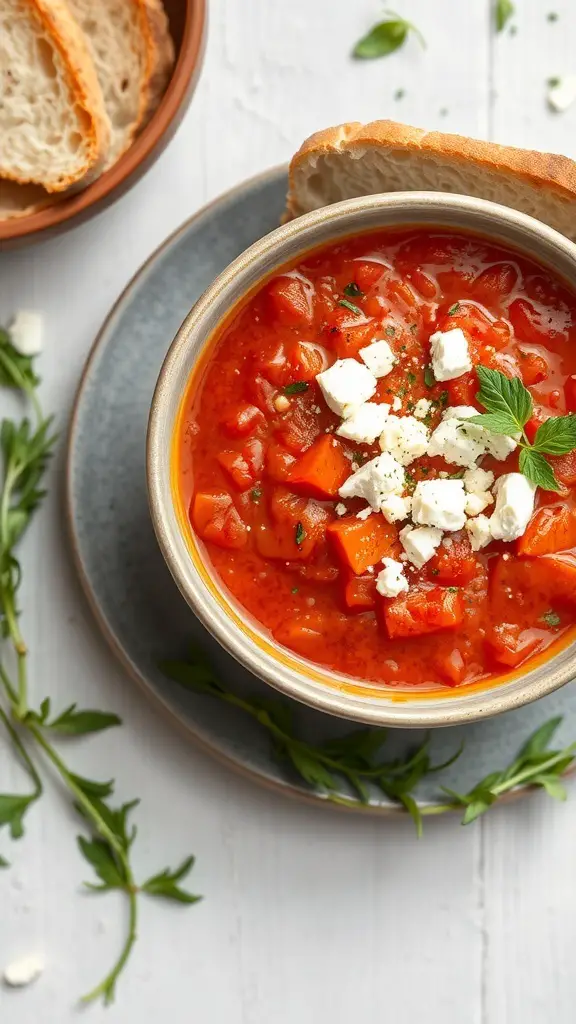 A bowl of roasted red pepper soup with crumbled cheese and herbs, served with slices of bread.