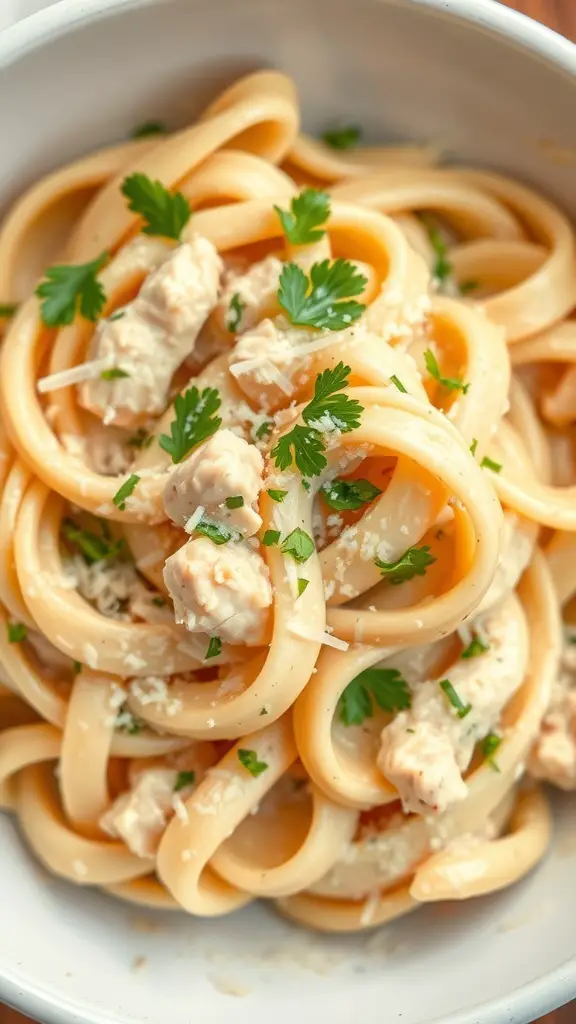 A bowl of creamy chicken Alfredo pasta with fettuccine noodles, diced chicken, and parsley.