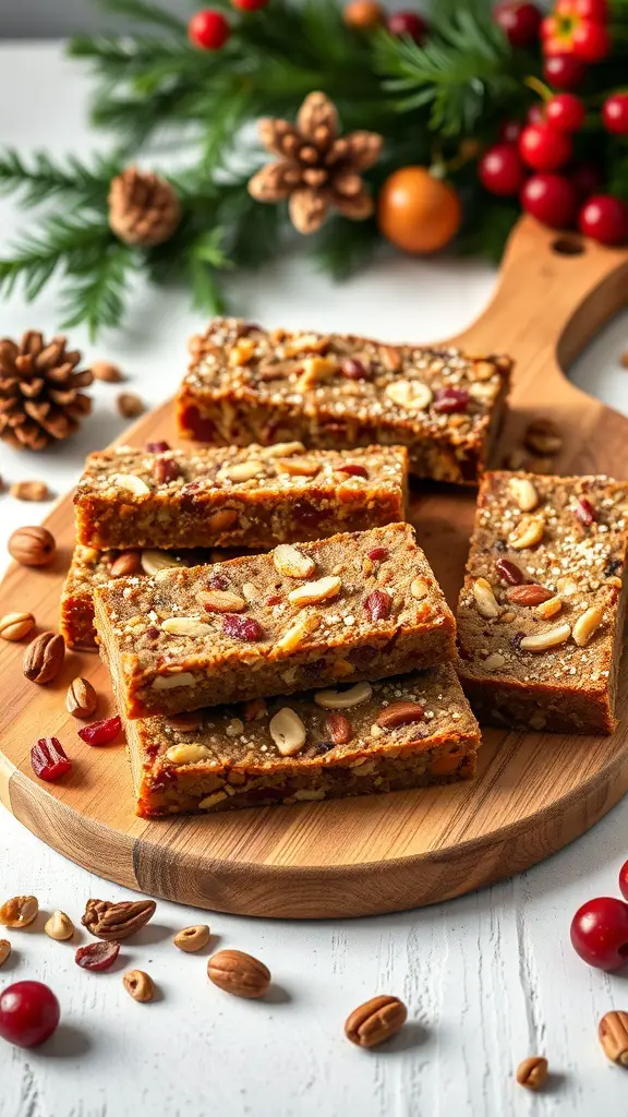 Nutty fruitcake bars on a wooden board with festive decorations