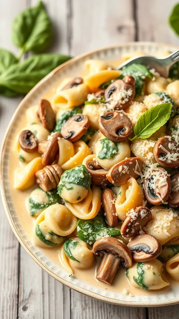A plate of Mushroom and Spinach Tortellini Bake with cheese and mushrooms