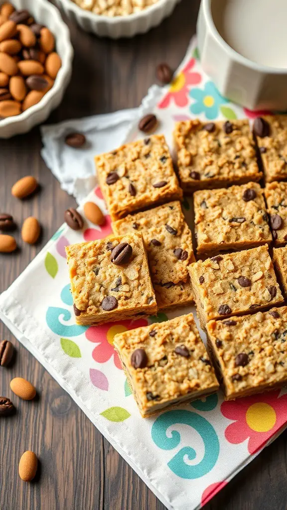 A colorful arrangement of protein bars with almonds and coffee beans