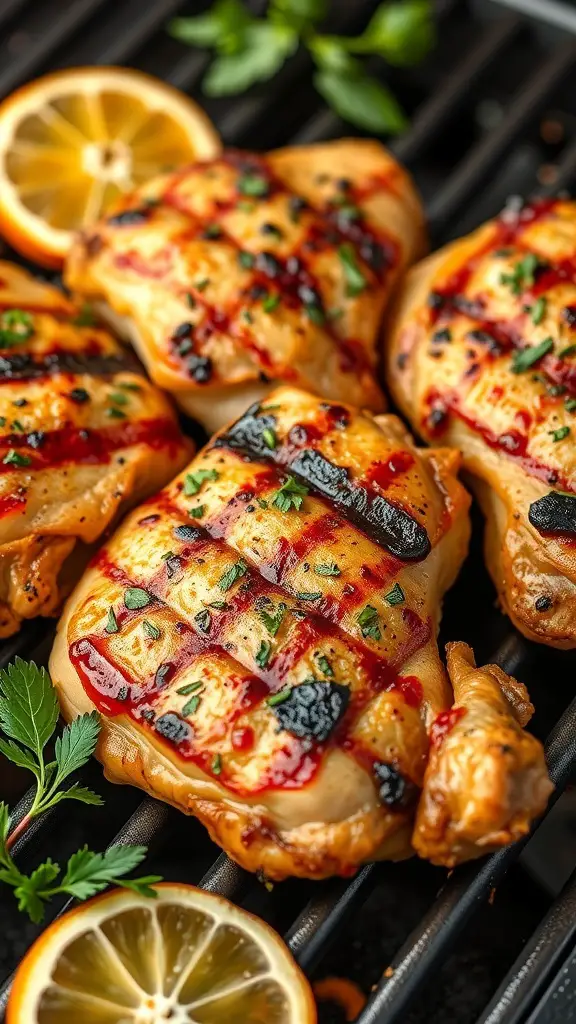 Grilled turkey thighs with grill marks and citrus slices on a grill