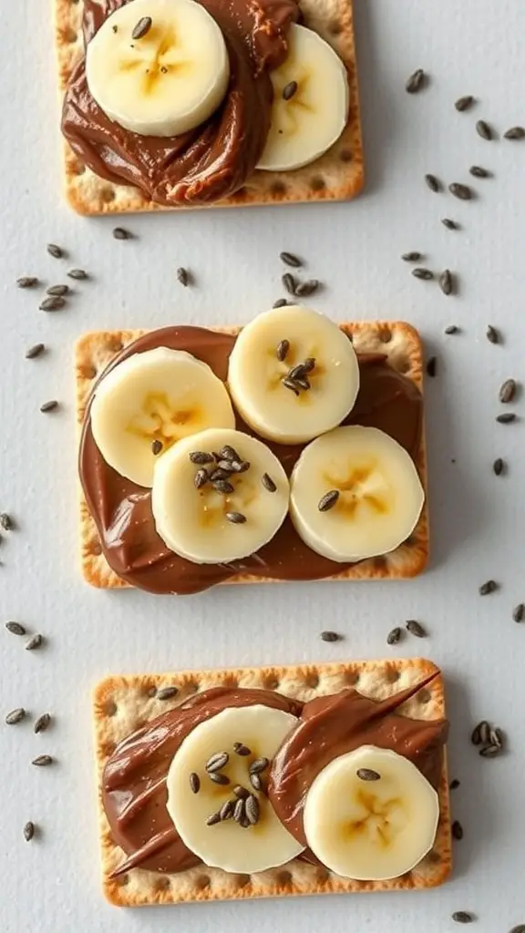 Crackers topped with chocolate and almond butter spread, sliced bananas, and seeds.