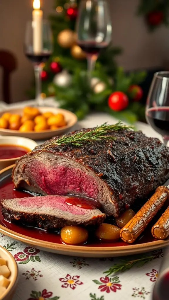 A beautifully roasted beef brisket with red wine sauce, garnished with herbs, served on a festive table.