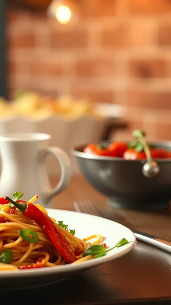 A plate of spaghetti arrabbiata topped with chili peppers and parsley.