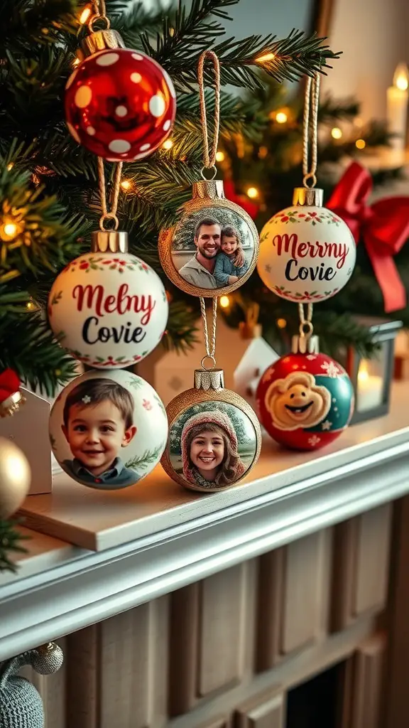 A collection of personalized Christmas ornaments featuring family photos and names, hanging on a decorated Christmas tree.