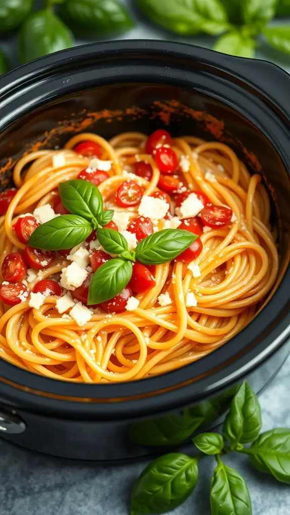 A bowl of creamy tomato basil pasta in a crockpot, garnished with fresh basil and cherry tomatoes.