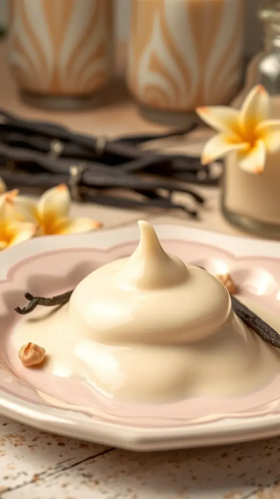 A close-up of creamy vanilla drops on a pink plate, surrounded by vanilla pods and flowers.
