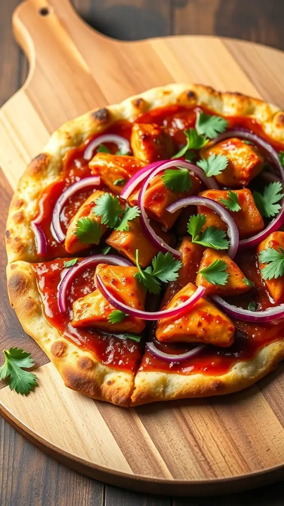 BBQ chicken pizza topped with chicken, BBQ sauce, red onions, and cilantro on a wooden board.
