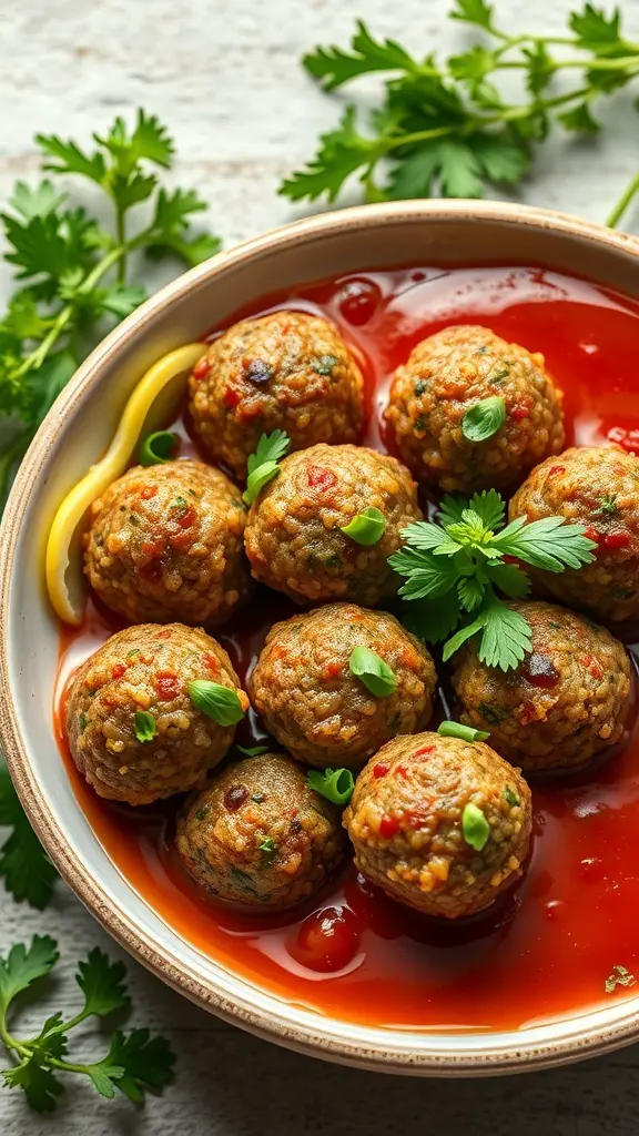 A bowl of vegetarian quinoa meatballs in tomato sauce, garnished with herbs.