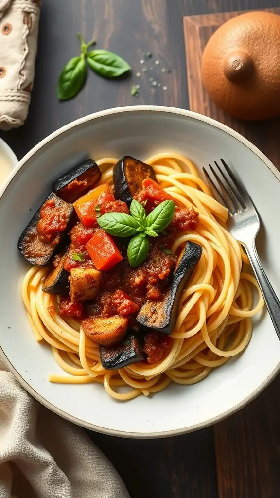 A bowl of rigatoni pasta topped with eggplant and marinara sauce, garnished with fresh basil.