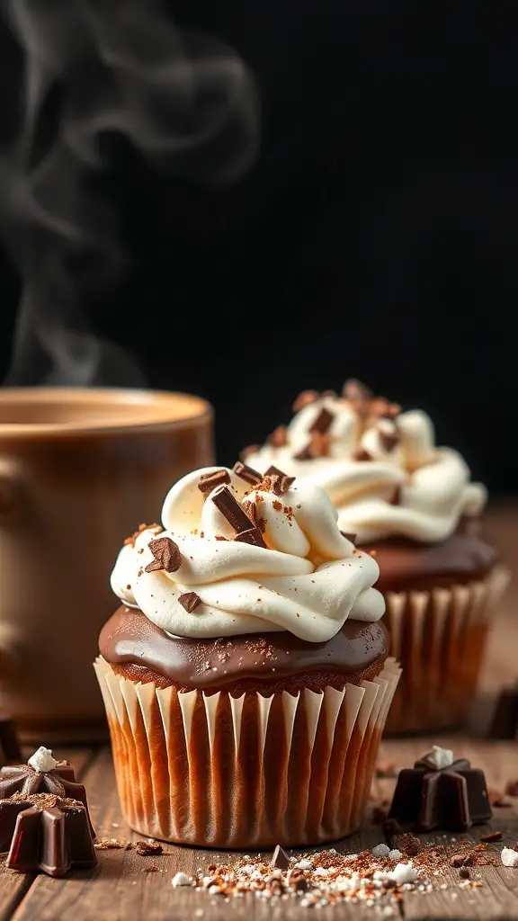 Two hot cocoa marshmallow cupcakes with chocolate frosting and a cup of hot cocoa in the background.