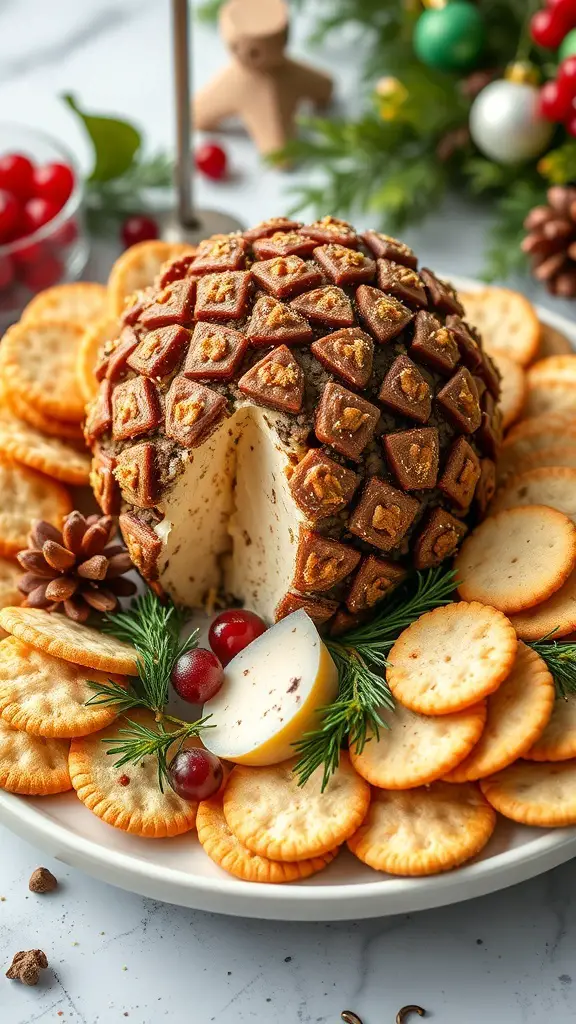 A festive pinecone-shaped cheese ball surrounded by crackers and garnished with herbs and berries.