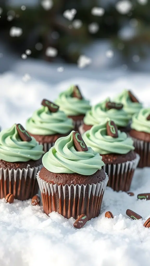 Chocolate mint swirl cupcakes with mint frosting and chocolate pieces on a snowy background
