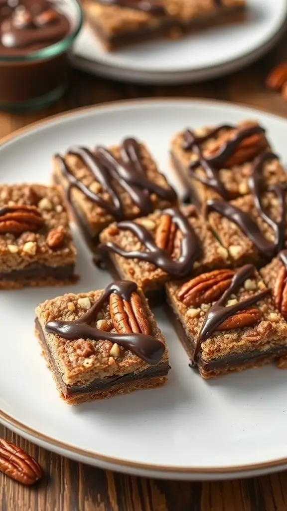 Chocolate pecan pie bars drizzled with chocolate and topped with pecans on a plate.
