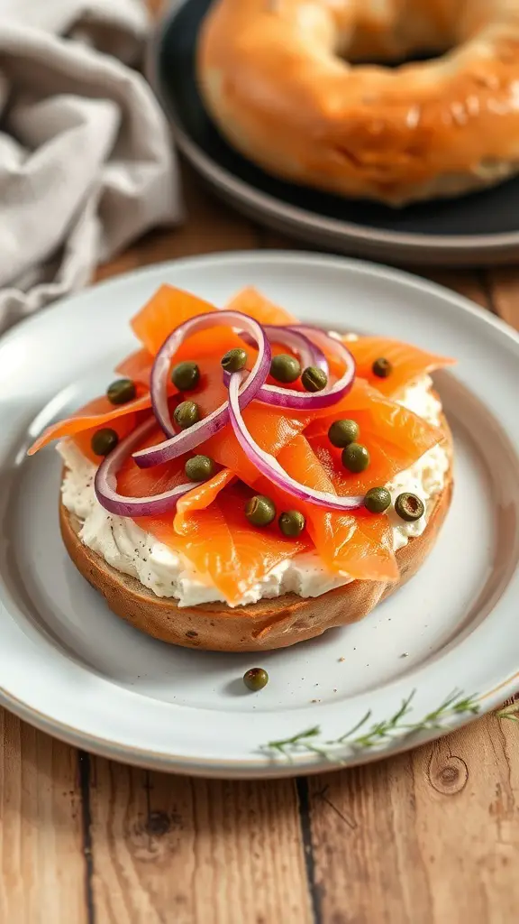 A smoked salmon and cream cheese bagel topped with red onions and capers on a plate.