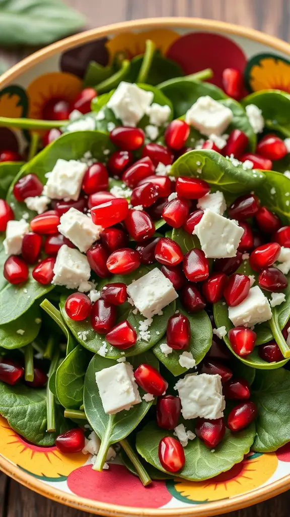 A vibrant spinach salad topped with pomegranate seeds and feta cheese.